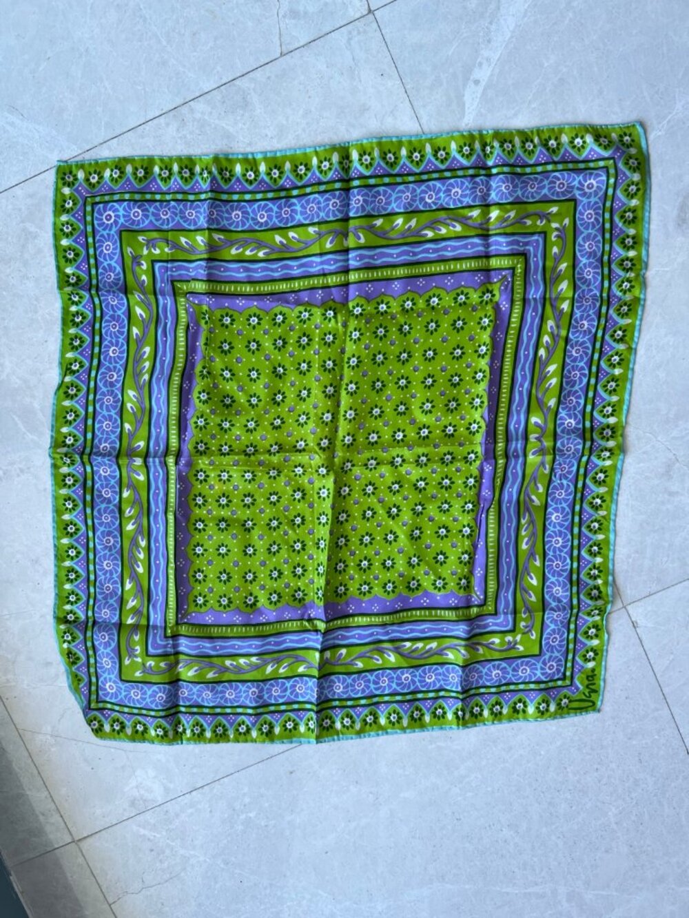 Vera Green Purple Ornate Floral Silk Scarf Square